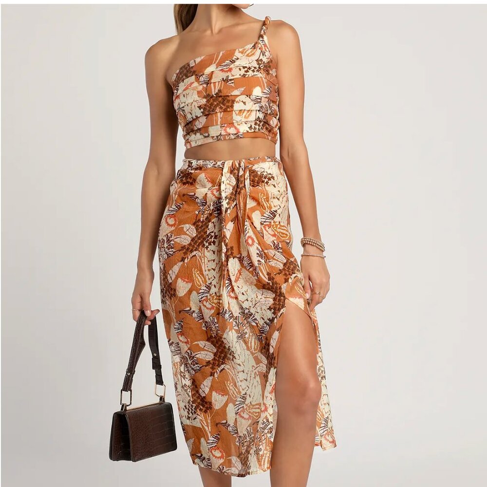 Something Wild Brown Multi Print Pleated One-Shoulder Crop Top + Skirt- Size M